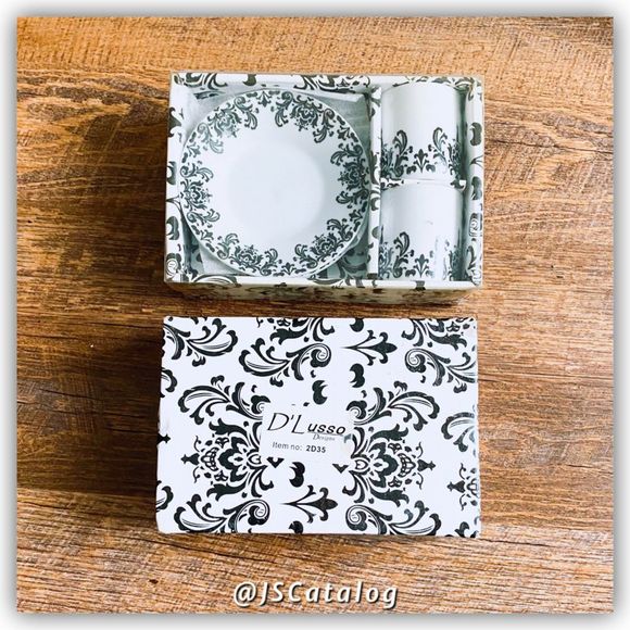 Set of 2 Damask Print Espresso Cups with Saucers NEW - Picture 5 of 6